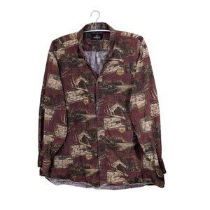 Red Head Button Down Shirt Mens 3XL Hunting Theme Long Sleeve Maroon Cotton
